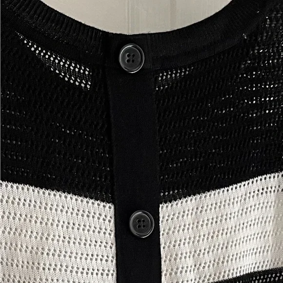 Black White Wide Stripe Loose Knit Sweater Buttons in Back AB Studio Size Large - Picture 3 of 10